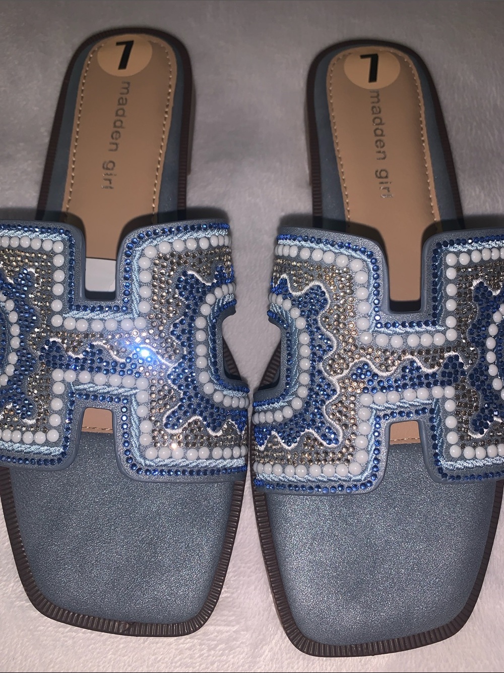 Madden Girl Blue and White Beaded Slide Mules